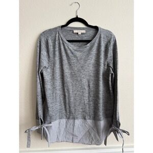 Loft Gray Heathered Mixed Media Tie Cuff Long Sleeve Top Womens Size Medium
